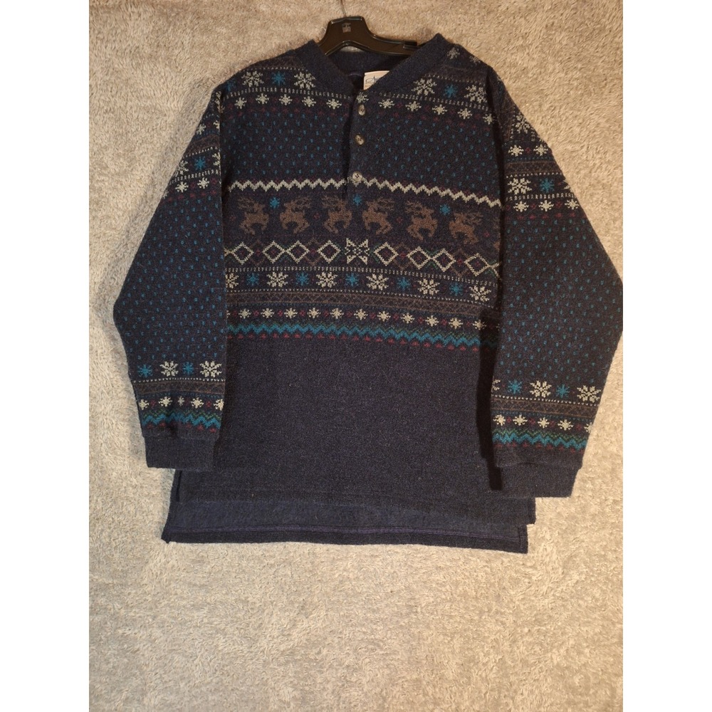 Artisans Sunschein Designs Navy Blue Fair Isle Reindeer Henley Sweater Mens L